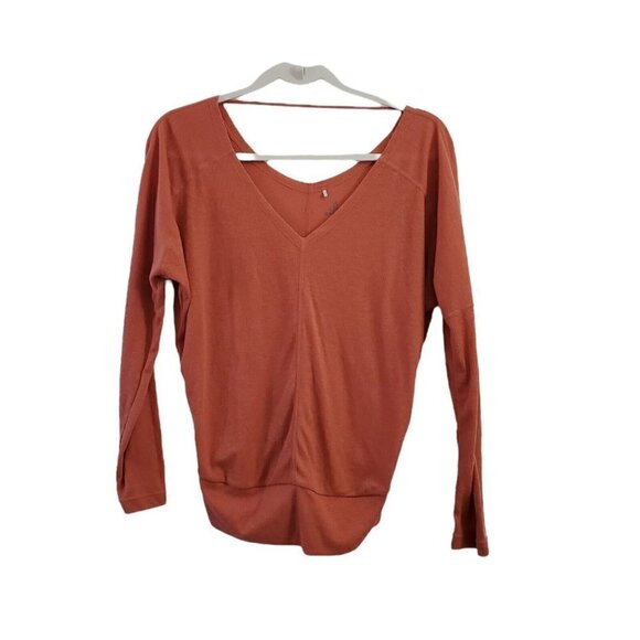 Prana Womens Orona Top Small Orange Ribbed Knit V-Neck Long Sleeve Workout - Picture 1 of 10